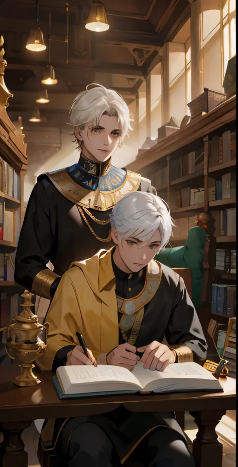 jovenes de cabello blanco ojos amarillos leyendo libro en la biblioteca