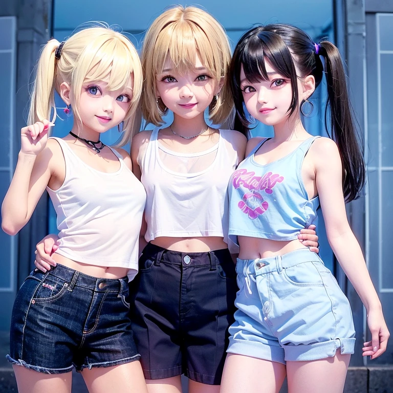 (primary school student.beautiful girl.he is short.Height: 140cm.sharp eyes.blonde.twin tails.The skin is lustrous.My waist is narrow.beautiful areola).(White tank top with cute print.No bra.You can see the shape of the nipple from the top of the clothes.shorts.black mask.Has tattoos.Wears a lot of earrings).(elementary school schoolyard.Three friends playing.it&#39;s raining.Clothes are wet and stick to the skin.smiling)perfect face.High resolution.There is a sense of dynamism.The whole body is reflected