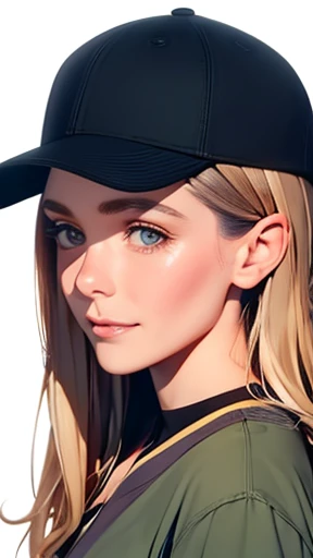 highest quality、realistic、Japanese、girl、zoom、look up、cute、gray eyes、long hair、chestnut hair、all back、Forehead is coming out、In town、Large khaki green baseball cap、Khaki green shirt、Shirt button all removed、Black cut and sew、joy、Grinning、face close up