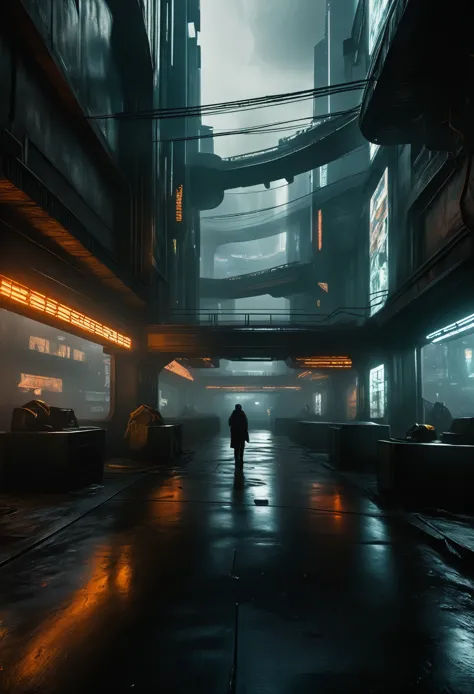 Photo of a huge dystopian secret facility, futurista, estilo blade runner, apocalipse, grey sky, uma nave imensa (Cargueiro espa...