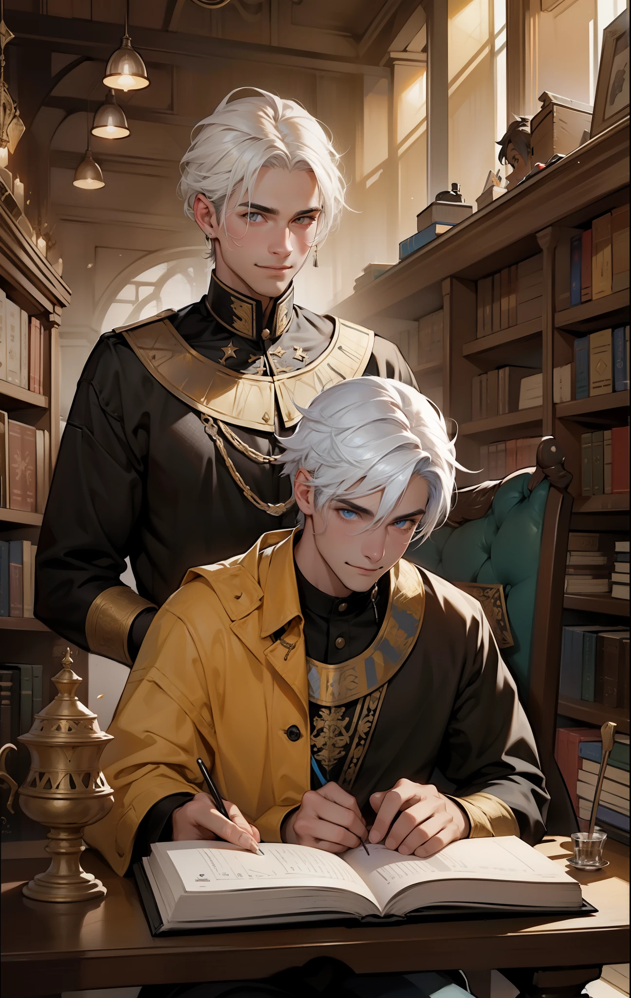 두 남자가 있는데, 한 사람은 사악한 미소를 지으며 광기 어린 표정으로 서 있습니다., 한 앉아 책을 읽고 흰 머리 노란 눈