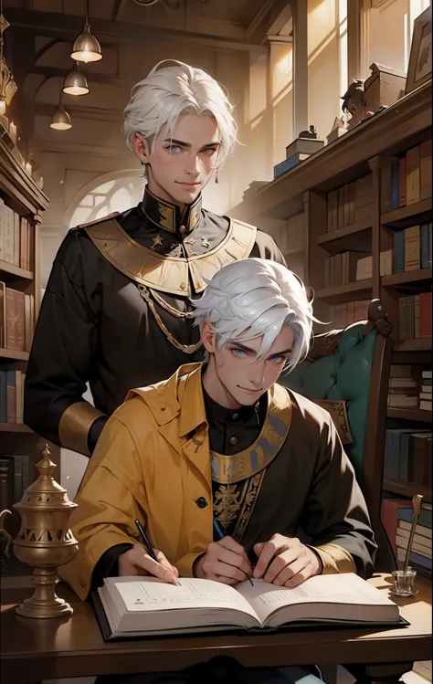 hay dos hombres uno parado con sonrrisa malvada y con locura, uno sentado leyendo un libro cabello blanco ojos amarillos