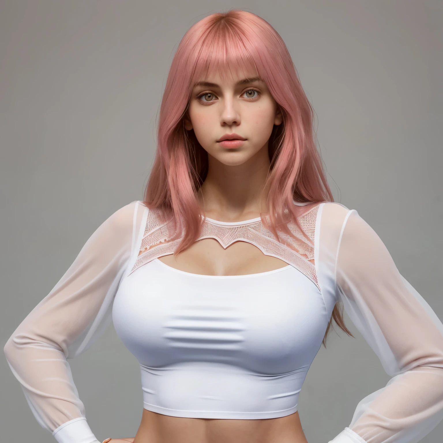 Un primer plano de una mujer con cabello rosado y vistiendo un top blanco -  SeaArt AI