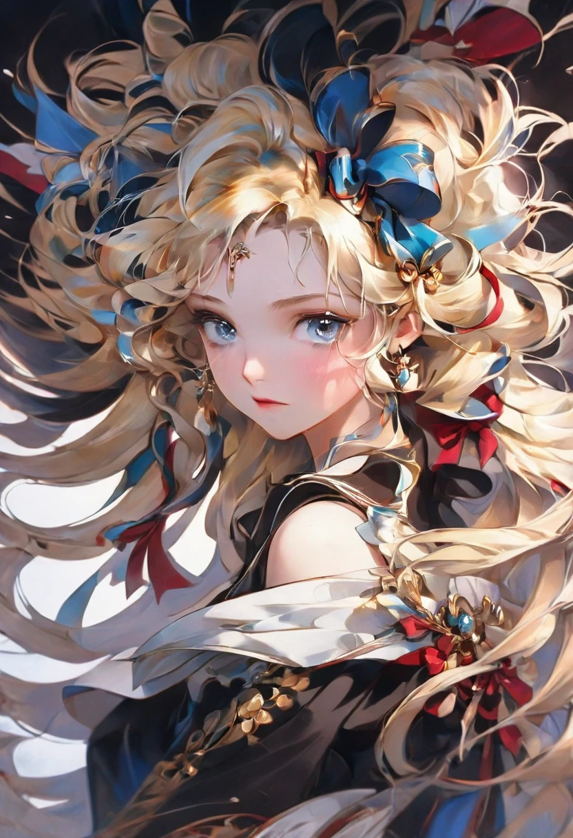 blonde hair, long hair, bow, brown hair, blue eyes, aninomically correct, 最high quality, masterpiece, high quality, advanced details, High resolution, hd, (face with shadow:1.2), 中chest, small breasts, staff, lips, bracelet, jewelry,  chest, looking for_in_viewer, Are standing, nose, black_dress, hair_that&#39;s all_shoulder, golden eyes, empty eyes, lips, sad expression, dark look,