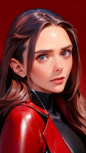 highest quality、realistic、Japanese、girl、zoom、look up、cute、gray eyes、long hair、brown hair、all back、Forehead is coming out、Shiny red leather long coat、Red leather bustier、black leather pants、face close up