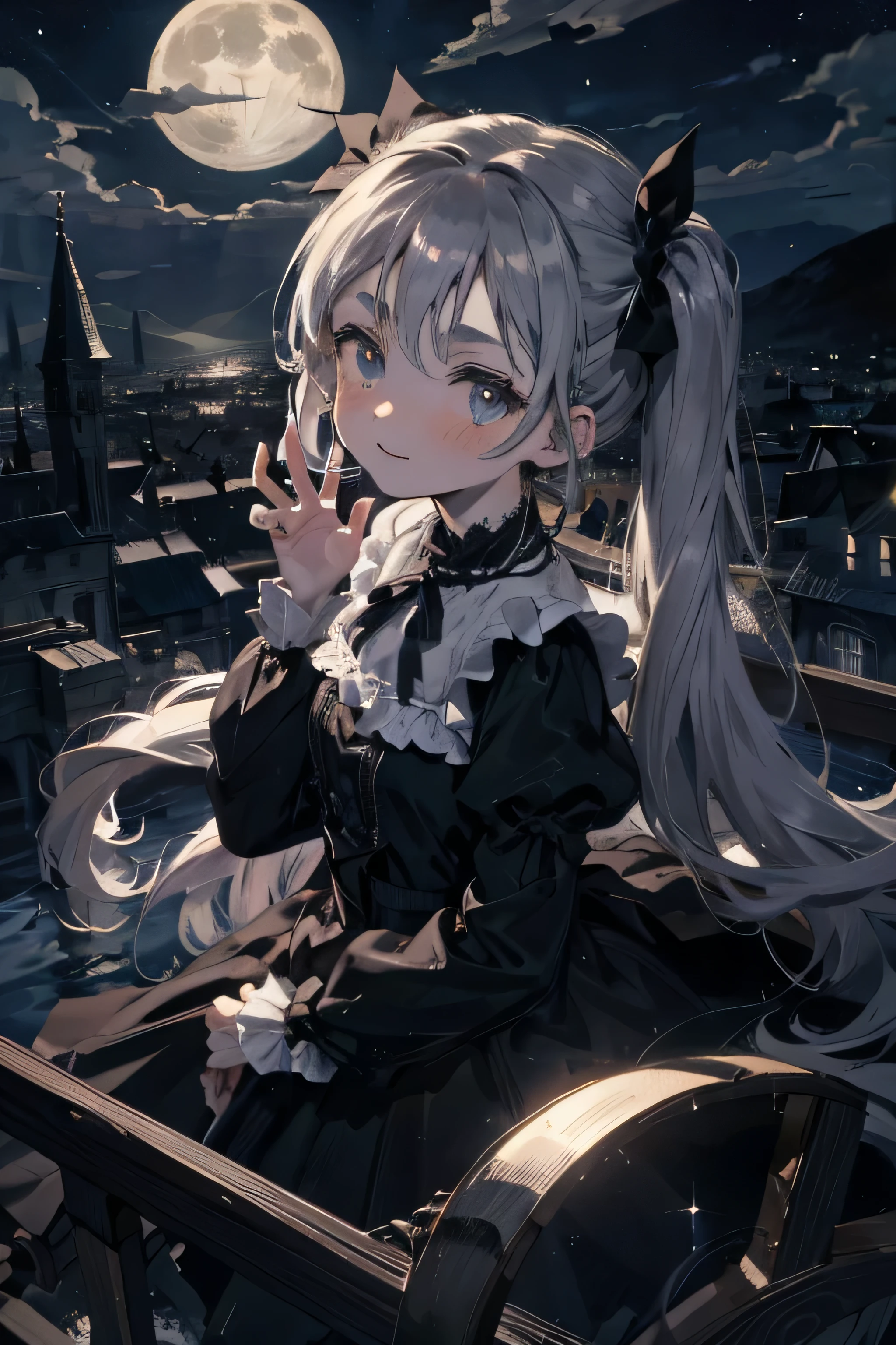 best quality, masterpiece,ultra high res,detailed,one girl,short body,black gothic lolita,black ribbon,smiling,frizzy hair,twin tail,long hair,silver hair,thin eyebrows,pale blue eyes,double eyelid,black pupil,round face,in classical castle,magnificent view,wind,beautiful starry sky,night,beautiful moon,kawaii,gothic,from above
