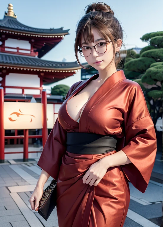 (best quality, 4K, masterpiece :1.3), detailed, beautiful, insanely detailed, absurdres, perfect anatomy, Japanese woman,22 years old, (slender), (big breasts:1.2), Super detailed face, Detailed lips, delicate eyes, double eyelids, glasses, light brown hair: 1.1, hair bun, wear red yukata, walk to the viewer, in the night of Japanese festival. Background is a Japanese festival in asakusa temple, full moon, full body shot, on right.