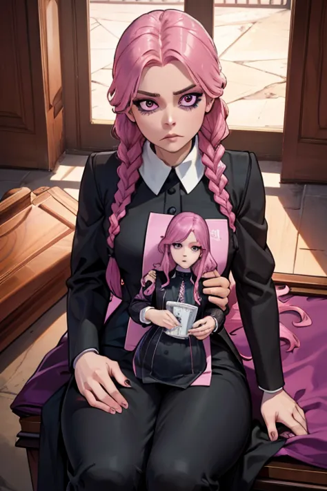 a pink haired woman with violet eyes with an hourglass figure in a wednesday addams outfit is sitting on a coffin in a funeral h...