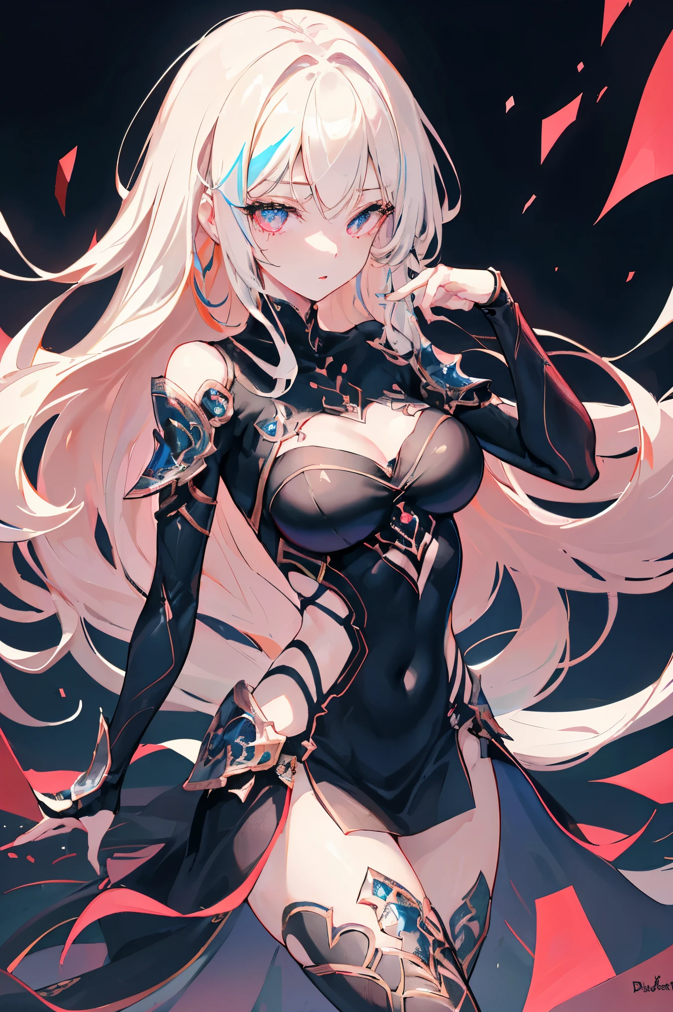 1fille, Anime, mignon girl, Fond blanc, fond blanc, fantaisie, detailed fantaisie dress with highlights, beau visage, Beaux yeux, couleurs sombres, cheveux noirs avec des mèches multicolores, oeil rouge avec une pupille de couleur différente dans l&#39;œil, oeil multicolore, seins moyens petits (un peu grand), Léger décolleté, Belle peau, mignon, rideaux de poitrine, extrêmement délicat et beau, (beau visage détaillé:1.0), (detailed regard profond), seins symétriques, regard profond, peau brillante, portrait, taille fine, hanches plus larges que les épaules, cuisses, sans expression, Jeune fille, yeux lumineux, Adorable，（Idole Kpop）,（aegyo sal：1），（Cheveux blond platine：1），（（oeil gonflé）），culotte noire，Posture sexy，Superjupe, Ultra haute résolution，Col noir，silhouette mince, Tatouage abdominal et, tatouage de l&#39;utérus，Anneau de jambe bien ajusté，y tatouage sur la moitié du corps，juste de la peau, Main blindée，Bouts des doigts cachés，Couvert à la main，Bras couvert，Poing couvert,{{beaux doigts détaillés}}, touffes de cheveux, belle poitrine modérée:1.0,(chef-d&#39;œuvre:1.2), meilleure qualité, haute résolution, hdr, visage parfait, armure complexe, délicat filigrane bleu, Filigrane complexe, pièces métalliques rouges, partie détaillée, pose dynamique, lumières dynamiques, mignon face