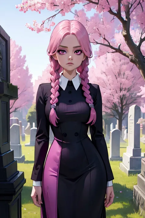 a pink haired woman with violet eyes with an hourglass figure in a wednesday addams outfit is a pink haired woman with violet ey...