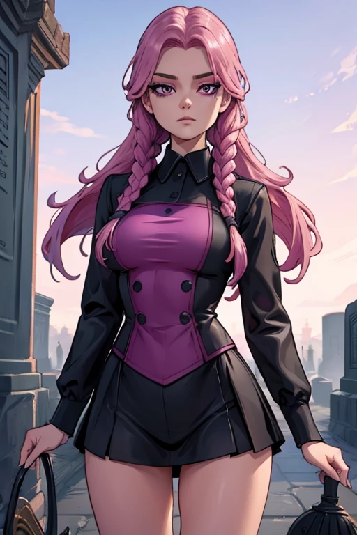 A pink haired woman with violet eyes with an hourglass figure in a Wednesday Addams outfit is A pink haired woman with violet eyes with an hourglass figure in a Wednesday Addams outfit is spinning a scythe in the cemetery