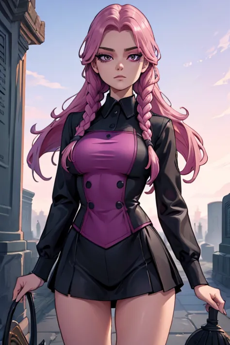 a pink haired woman with violet eyes with an hourglass figure in a wednesday addams outfit is a pink haired woman with violet ey...