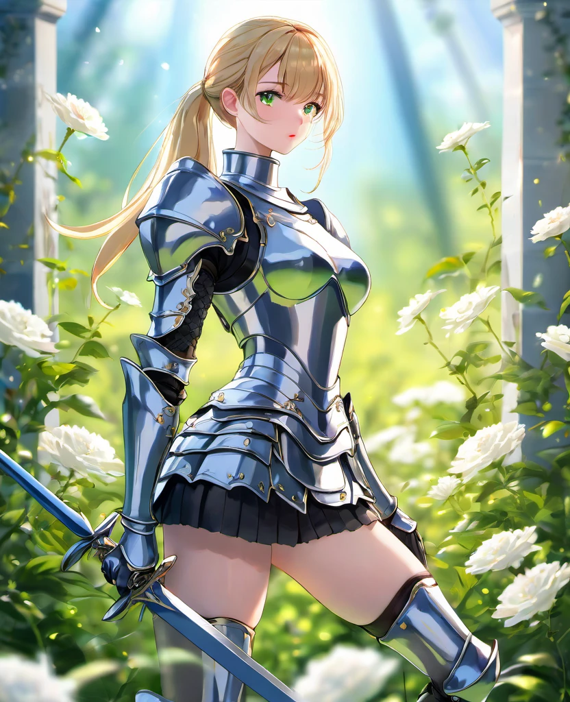 (best quality,4k,8k,highres,masterpiece:1.2),ultra-detailed,realistic,white girl,beautiful detailed eyes,beautiful detailed lips,blonde with ponytails,sexy girl,knight,armor with skirt,full body,confident posture,shiny armor,slender waist,long legs,graceful movements,vivid colors,portrait,studio lighting,sharp focus,lush green background,dreamy ambiance,soft lighting,white flowers,blurred foreground,high contrast,bokeh