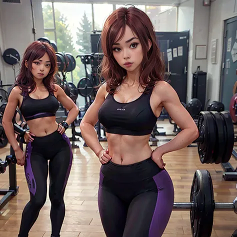 Masterpiece, best quality, detailed face, 1woman, toned body, sexy body, auburn hair, black sports bra, purple yoga pants, stand...