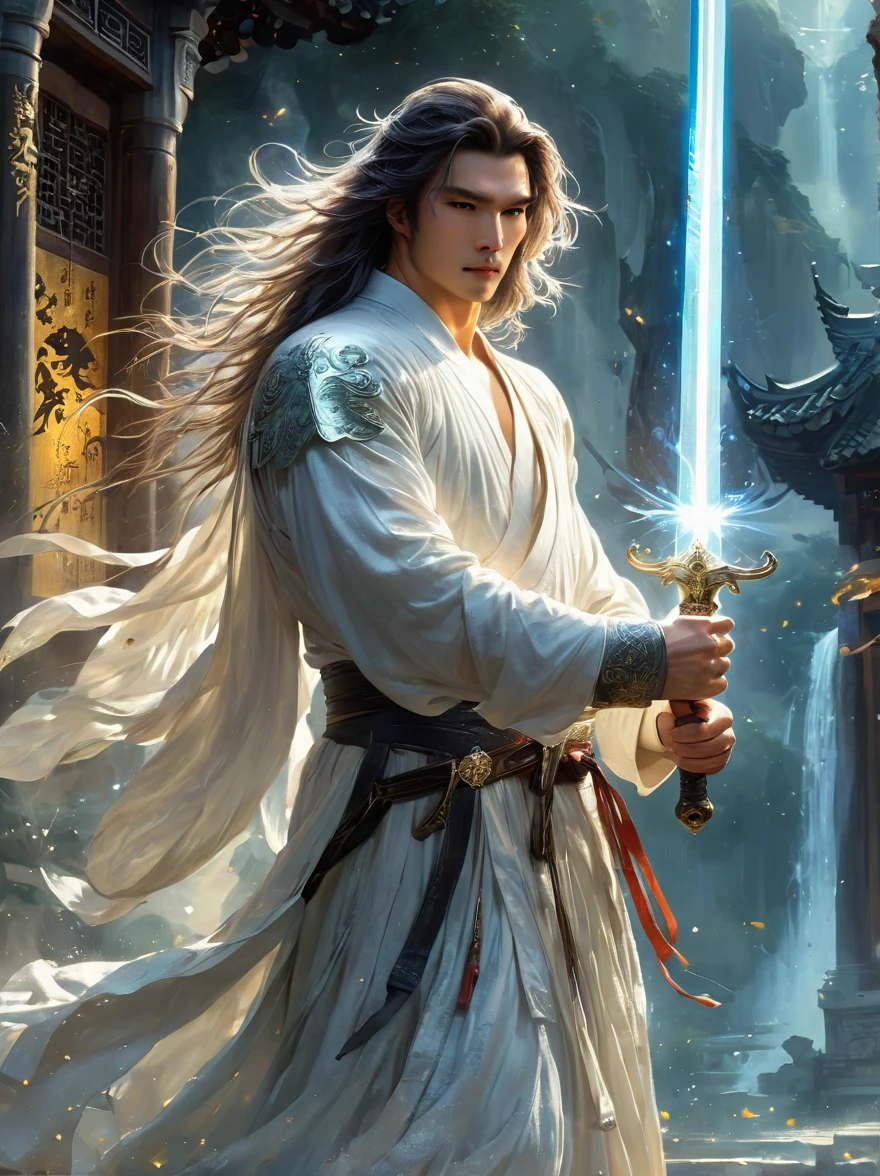 masterpiece, best quality, 1 male, aldult, very pretty face，young, High, Antique Theme,Immortal Spirit，Ancient service, carry sword, Sunlight, street, long hair flying, Sunlight, Background style, breeze blows, Loose robe, Fantasy landscape, Starlight around the character, (whole body)
