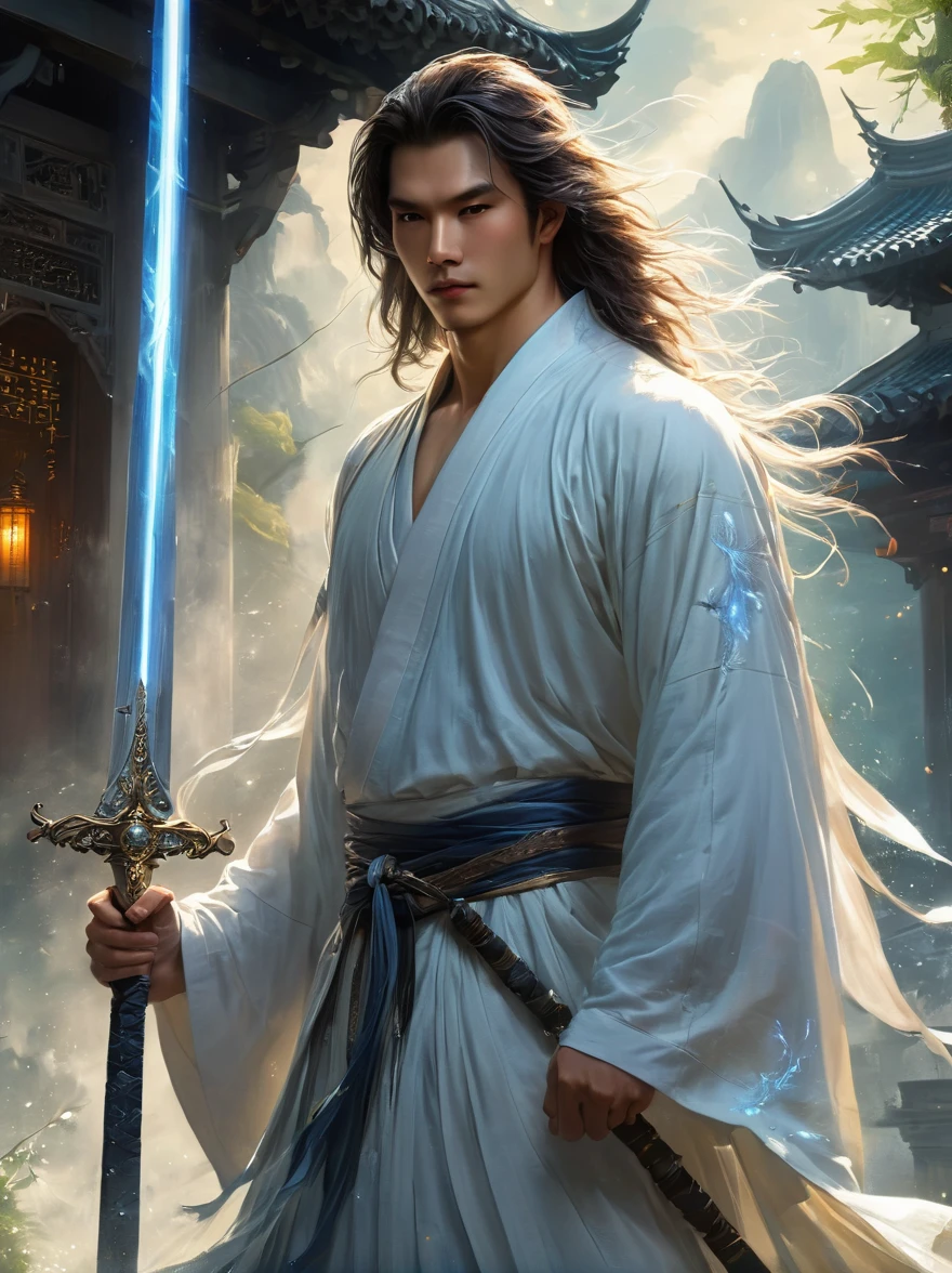 masterpiece, best quality, 1 male, aldult, very pretty face，young, High, Antique Theme,Immortal Spirit，Ancient service, carry sword, Sunlight, street, long hair flying, Sunlight, Background style, breeze blows, Loose robe, Fantasy landscape, Starlight around the character, (whole body)
