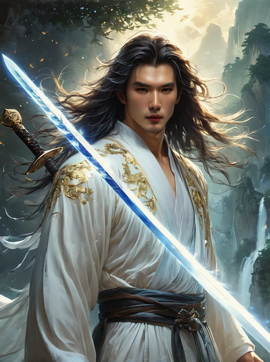 masterpiece, best quality, 1 male, aldult, very pretty face，young, High, Antique Theme,Immortal Spirit，Ancient service, carry sword, Sunlight, street, long hair flying, Sunlight, Background style, breeze blows, Loose robe, Fantasy landscape, Starlight around the character, (whole body)
