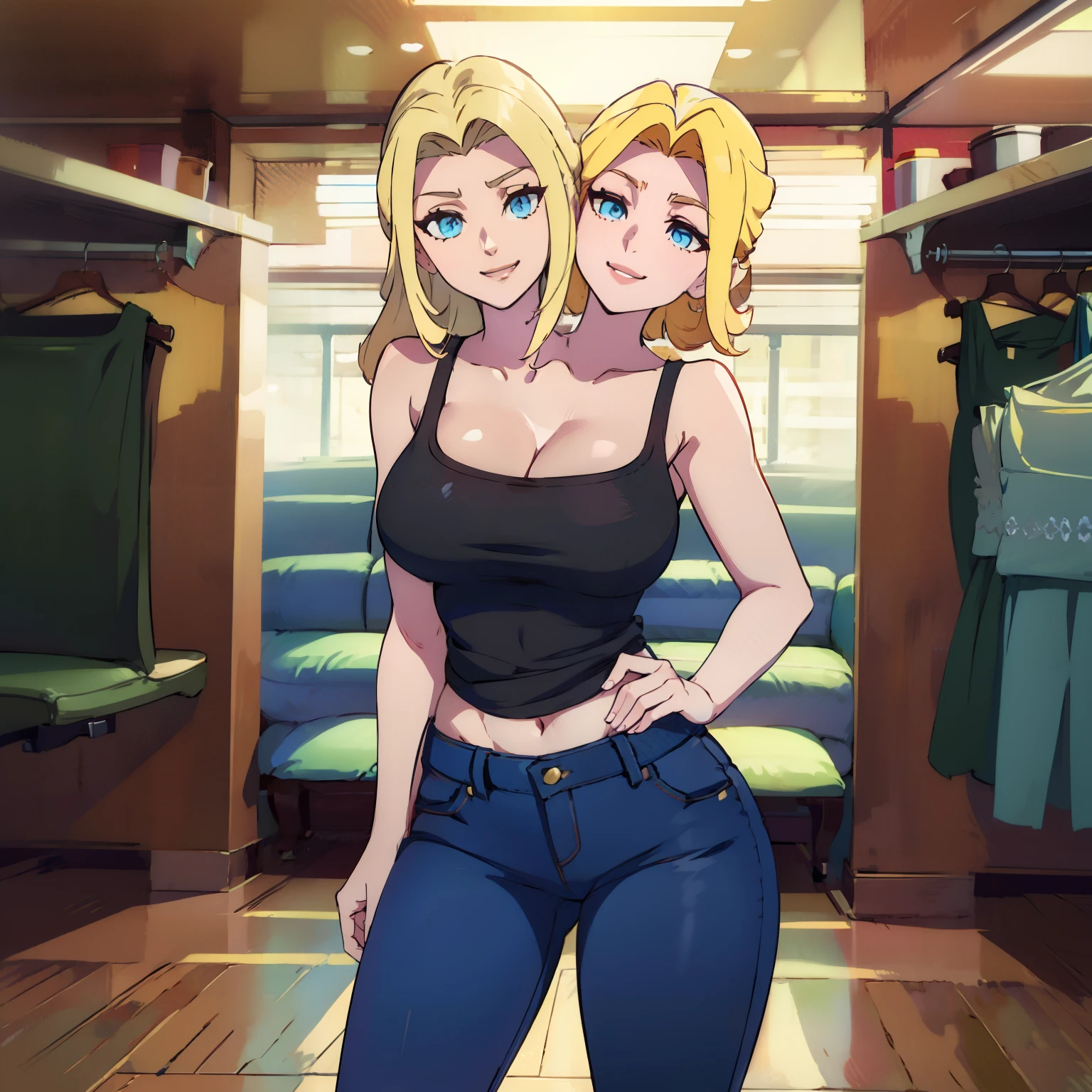 best quality, (masterpiece),(ultra-detailed), (high quality), (high resolution), ((2heads:1.5)), best quality:1.5, highres, UHD, 16K), two headed woman, smiling, highres, masterpiece, (blonde hair), cleavage, (black tank top), blue jeans pants, lustrous and smooth skin, (mature woman), (blue eyes), exposed midriff, seductive silhouette, ((slim hips)), casual dress, sexy proportions, Beautiful girl with accentuated slender abs, long legs, seductive woman