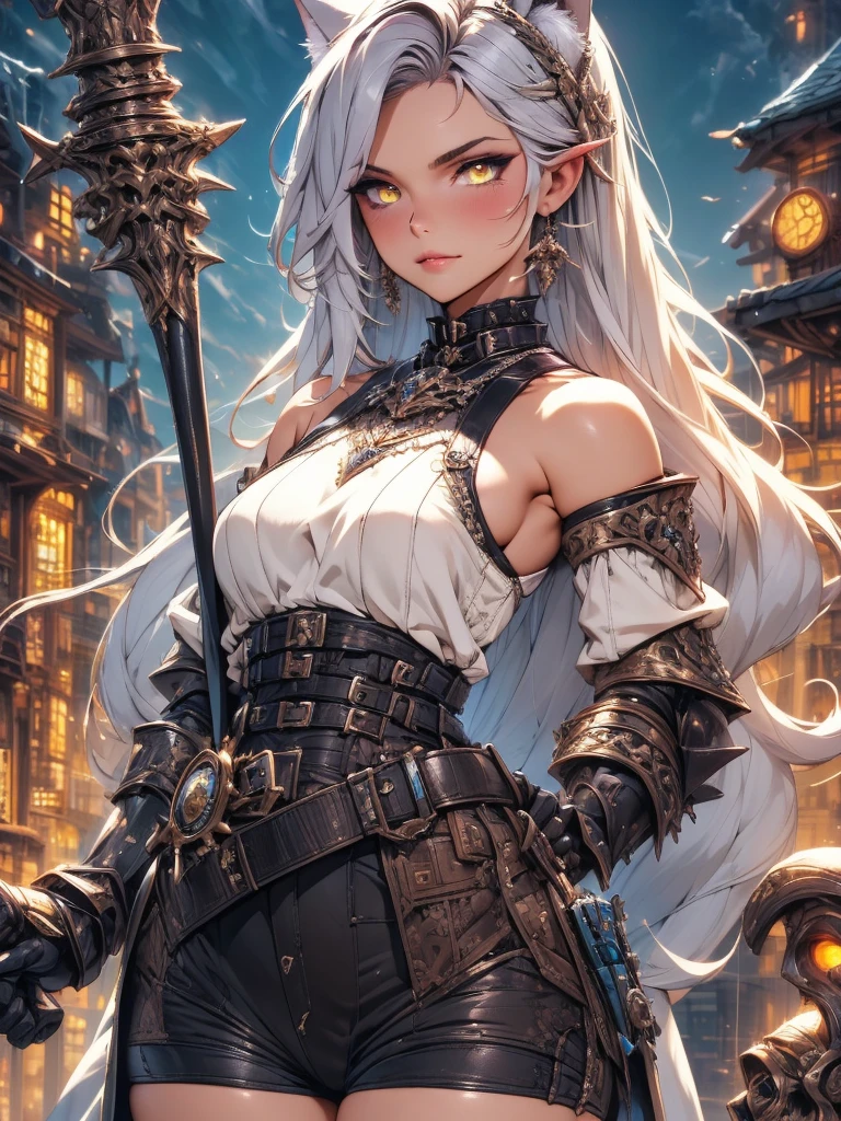 Full body portrait, single woman, especially detailed face, masterpiece, 4k, wallpaper, highlydetailed face, ultra-detailed face, voluptuous, big breasts, curvy, long hair, gray-silver hair, a young wolf woman, wolf ears, long wolf tail, wolf-like irises, beautiful, enchanting, bright yellow eyes, detailed eyes, ultra-detailed eyes, accurate eyes, detailed irises, correct body proportions, elegant, small vertical scar under right eye, small rosy lips, big breasts, slender elegant arms, pretty hands, detailed hands, charming, slight blush, smug smile, black stylish shorts and top outfit, detached sleeves, light black armor, armored bike shorts, black armored coat, black metal armor, bare off shoulders, toned abs, exposed belly, standing pose, hands on hips pose, sole girl