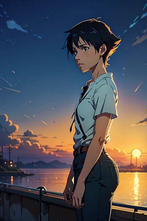 garoto de anime sentado na mesa, garoto fofo, segurando computador e teclado, ((makoto shinkai)), studio brisk makoto shinkai, a...