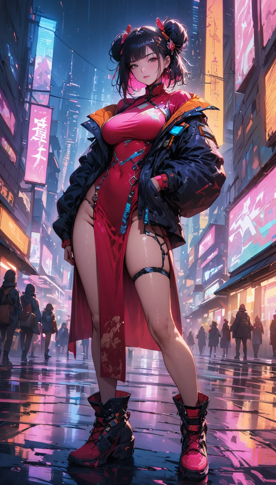 (best quality,4k,highres,masterpiece:1.2),ultra-detailed,(realistic:1.37), Sexy，A girl Chinese costume cyberpunk, （cyberpunk，Chinese clothing，cybernetic implants），looking at camera,hair accessories, bright colors，neon lights，glowing city skyline，Fashion clothing and shoes of the future，A combination of traditional and modern elements，Avant-garde makeup，beautiful breasts，colored inner hair, gradient hair, double bun，Sexual innuendo，confidence and determination，city environment，Metallic feeling，Mechanical armor, Gorgeous accessories，High-tech products，Impressive cybernetic enhancements，Clear focus，gnarly details, Overclocked rendering, Cinematic edge light, fine light, masterpiece, Super details, epic work, ultra high definition, high quality, 32k