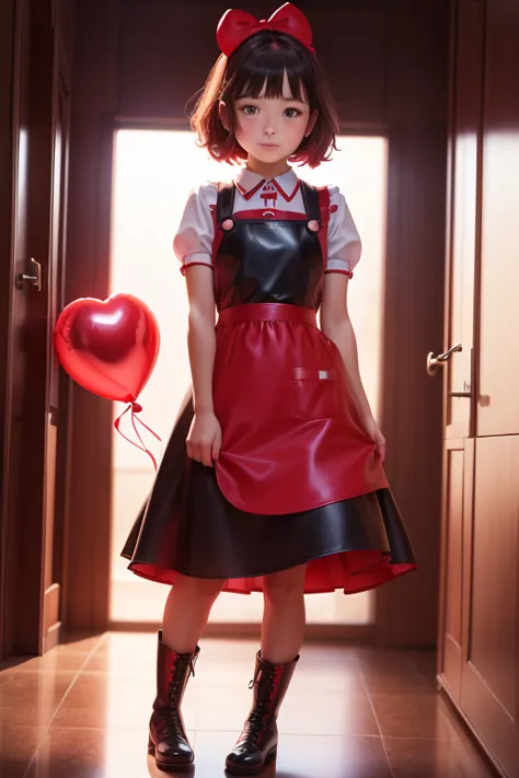 a 11 years old girls, ((she is having a red balloon)) , real photo, (((full body))), (looking down at me),  bob hair, big ribbon...