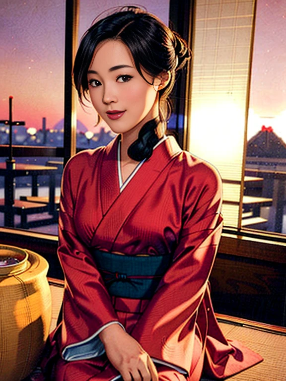 (realistic,high quality,photorealistic),traditional Japanese beauty,traditional kimono,graceful posture,natural smile,impressive gaze,traditional hairstyle,sitting by the window in a Japanese-style room at sunset,illuminated by city lights,(charming pose),professional photographer,shallow depth of field,backlit