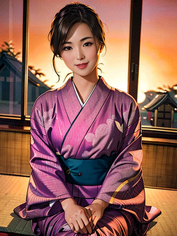 (realistic,high quality,photorealistic),traditional Japanese beauty,traditional kimono,graceful posture,natural smile,impressive gaze,traditional hairstyle,sitting by the window in a Japanese-style room at sunset,illuminated by city lights,(charming pose),professional photographer,shallow depth of field,backlit