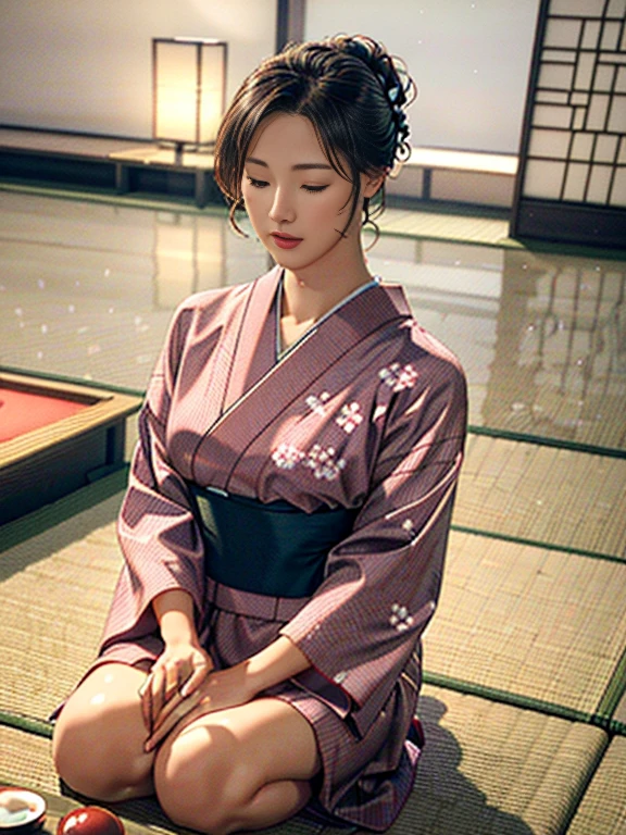 (best quality,4k,8k,highres,masterpiece:1.2),ultra-detailed,(realistic,photorealistic,photo-realistic:1.37),traditional,soft colors,subtle lighting,Japanese tradition,floaty fabric,serene atmosphere,delicate cherry blossoms,harmonious color palette,studio lighting,peaceful mood,luminous glow,serene expression,perfectly captured moment,graceful movement,meticulous kimono design,elegant updo,traditional tatami flooring,sliding paper doors,tranquil ambiance,Japanese aesthetics,endless beauty,subtle emotions,vibrant cultural heritage.