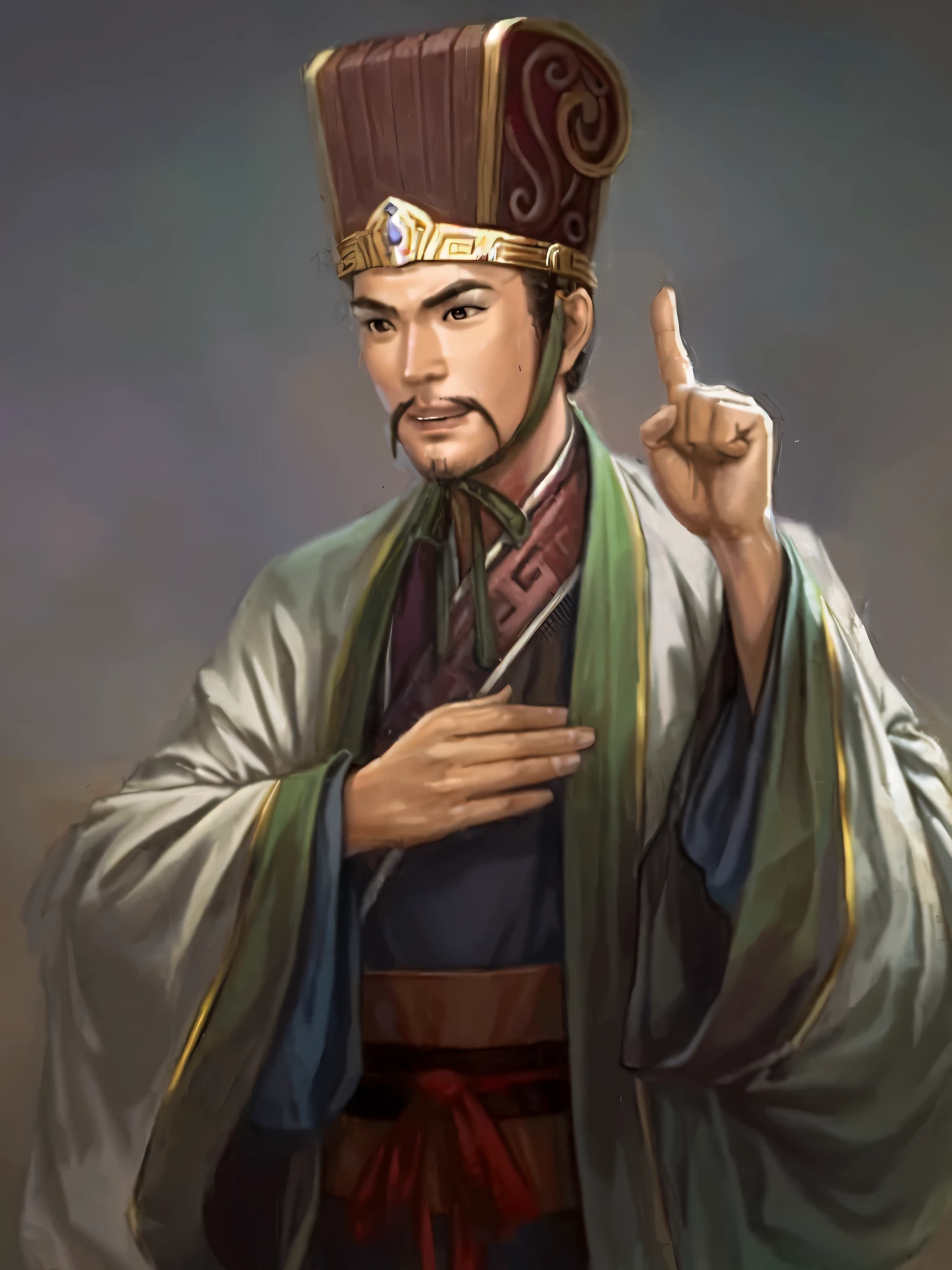 A painting，A man in Chinese clothing points his finger upwards, Inspired by Emperor Xuande, Inspired by Dong Yuan, Inspired by Cao Zhibai, Inspired by Hu Zaobin, Inspired by Wu Bin, Inspired by Zhang Lu, bian lian, Inspired by Huang Ding, Inspired by Zhang Sengyao, Inspired by Zhao Yuan, Inspired by Li Cheng