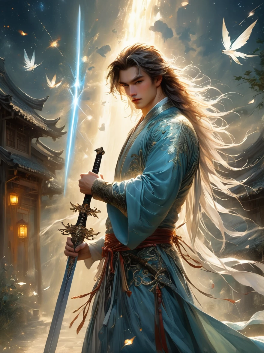 masterpiece，，1 male，aldult，Beautiful face，young，advanced，Antique theme，Fairies，Ancient costumes，holding sword，Sunlight，street，Long hair flying，Sunlight，Background style，breeze blowing，Loose robe，fantasy landscape、Starlight around the character，（whole body）
