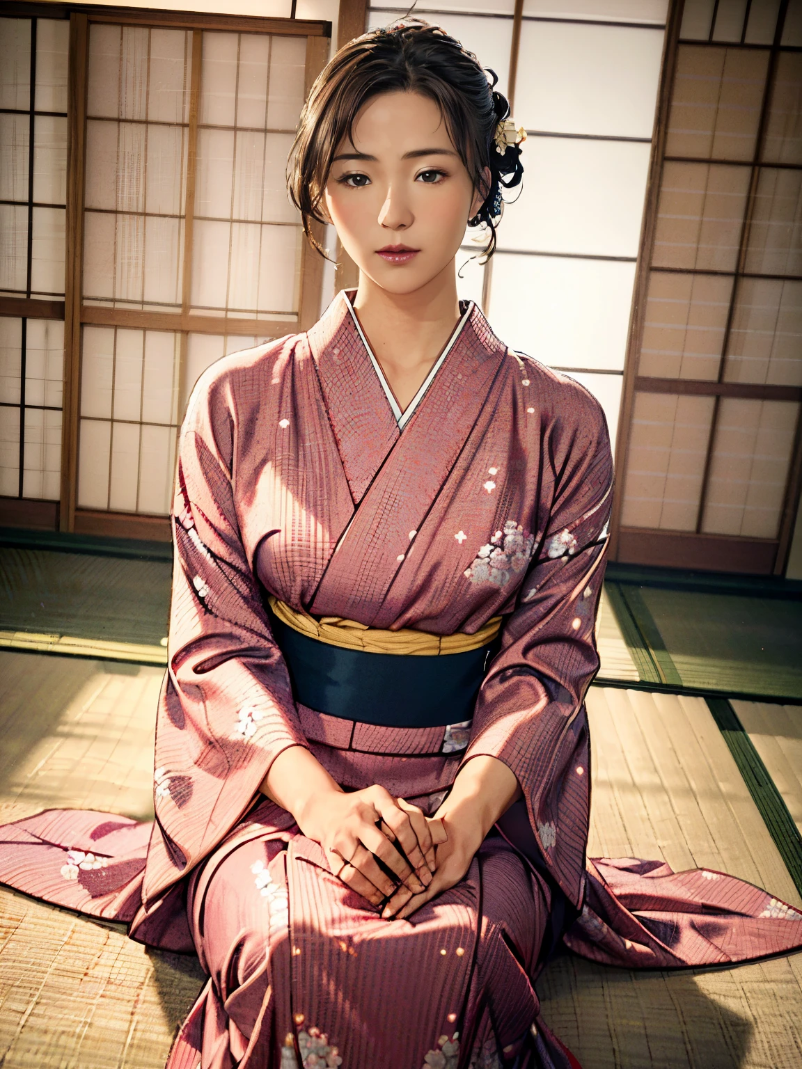 (best quality,4k,8k,highres,masterpiece:1.2),ultra-detailed,(realistic,photorealistic,photo-realistic:1.37),traditional,soft colors,subtle lighting,Japanese tradition,floaty fabric,serene atmosphere,delicate cherry blossoms,harmonious color palette,studio lighting,peaceful mood,luminous glow,serene expression,perfectly captured moment,graceful movement,meticulous kimono design,elegant updo,traditional tatami flooring,sliding paper doors,tranquil ambiance,Japanese aesthetics,endless beauty,subtle emotions,vibrant cultural heritage.