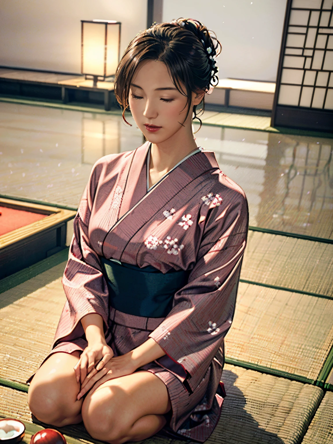 (best quality,4k,8k,highres,masterpiece:1.2),ultra-detailed,(realistic,photorealistic,photo-realistic:1.37),traditional,soft colors,subtle lighting,Japanese tradition,floaty fabric,serene atmosphere,delicate cherry blossoms,harmonious color palette,studio lighting,peaceful mood,luminous glow,serene expression,perfectly captured moment,graceful movement,meticulous kimono design,elegant updo,traditional tatami flooring,sliding paper doors,tranquil ambiance,Japanese aesthetics,endless beauty,subtle emotions,vibrant cultural heritage.