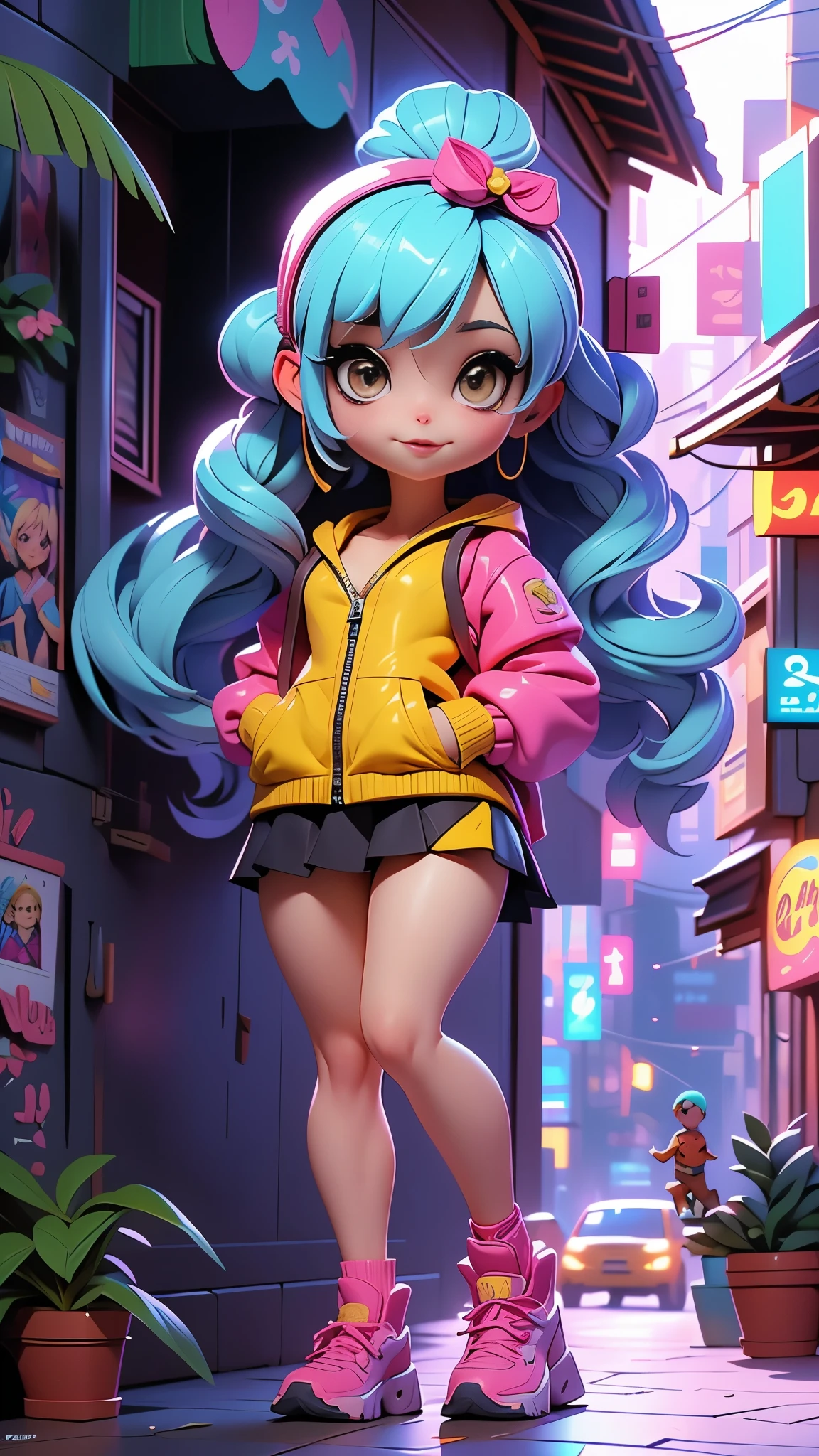 (La mejor calidad,Una alta resolución,Ultra - detallado,actual),Ariana Grande parada en una calle cerca de un edificio, rossdraws dibujos animados vibrantes, Lois van Baarle y Rossdraws, anime estilizado, artgerm y Lois van Baarle, Arte digital del anime cyberpunk, obra de arte al estilo de guweiz, fanart de chica urbana, inspirado en Jules Chéret, estilo artgerm, (estilo kawaii:1.4 ) , (vestuario colegiala sexy), (solo) 