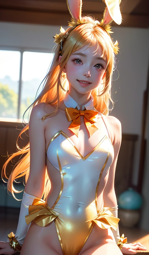 masterpiece, best quality, extremely detailed CG unity 8k wallpaper, (Upper Body head close-up shot of a beautiful little girl), , Elegant Long straight blonde hair, (Mckenna Grace), (flat chest,thighs), (orange-blue) golden (Glittering tutu,long Bunny Ear Headgear, , Bow-tie, No panties, genitals visible), (spread legs), (Blush), oil skin, (seductive smile), (Wonderland), pretty face, key art, award winning, intricate detail realism hdr, by (ruan jia and artgerm and range murata), Photorealism, Hyperrealism, ultra realistic, dramatic light, intense shadows, gorgeous view, depth of field
 
