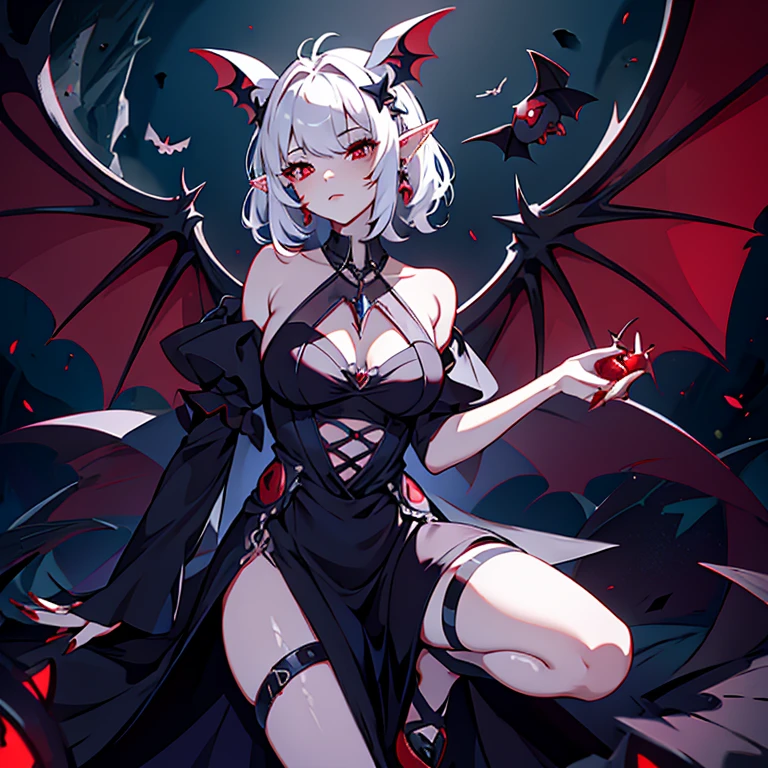 A girl alone full body with a gothic dress short white hair with long red nails red eyes a mole on each side of the cheek with two bat wings on her head and with elf ears with earring and necklace 