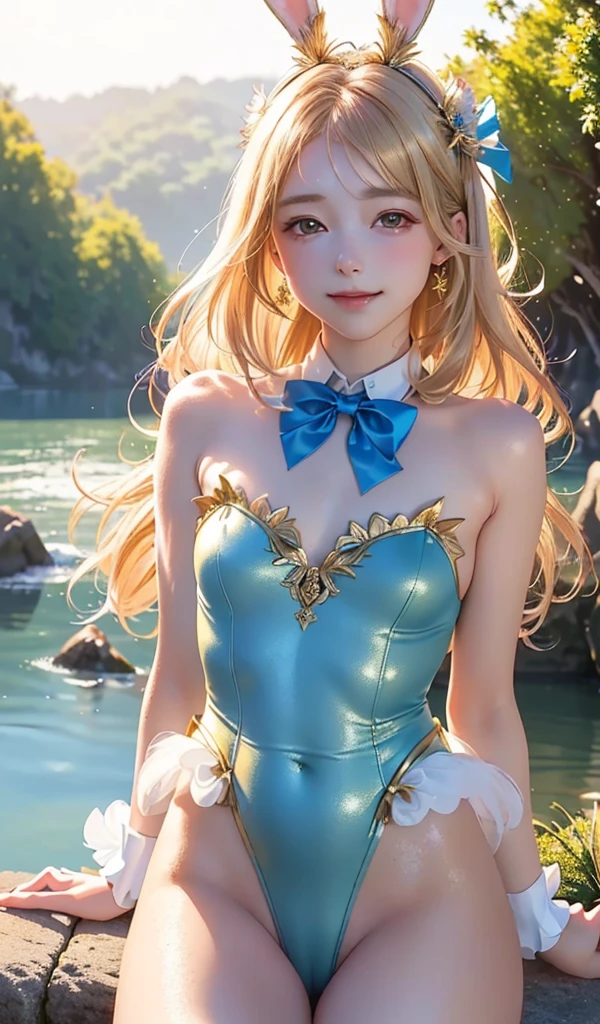 masterpiece, best quality, extremely detailed CG unity 8k wallpaper, (Upper Body head close-up shot of a beautiful little girl), , Elegant Long straight blonde hair, (Mckenna Grace), (flat chest,thighs), (Brown-blue) golden (Glittering tutu,long Bunny Ear Headgear, , Bow-tie, No panties, genitals visible), (spread legs), (Blush), oil skin, (seductive smile), (Wonderland), pretty face, key art, award winning, intricate detail realism hdr, by (ruan jia and artgerm and range murata), Photorealism, Hyperrealism, ultra realistic, dramatic light, intense shadows, gorgeous view, depth of field
 
