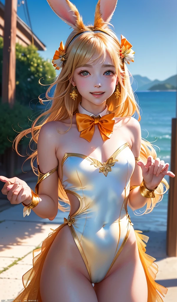 masterpiece, best quality, extremely detailed CG unity 8k wallpaper, (Upper Body head close-up shot of a beautiful little girl), , Elegant Long straight blonde hair, (Mckenna Grace), (flat chest,thighs), (orange-blue) golden (Glittering tutu,long Bunny Ear Headgear, , Bow-tie, No panties, genitals visible), (fleeing), (Blush), oil skin, (seductive smile), (Wonderland), pretty face, key art, award winning, intricate detail realism hdr, by (ruan jia and artgerm and range murata), Photorealism, Hyperrealism, ultra realistic, dramatic light, intense shadows, gorgeous view, depth of field
 
