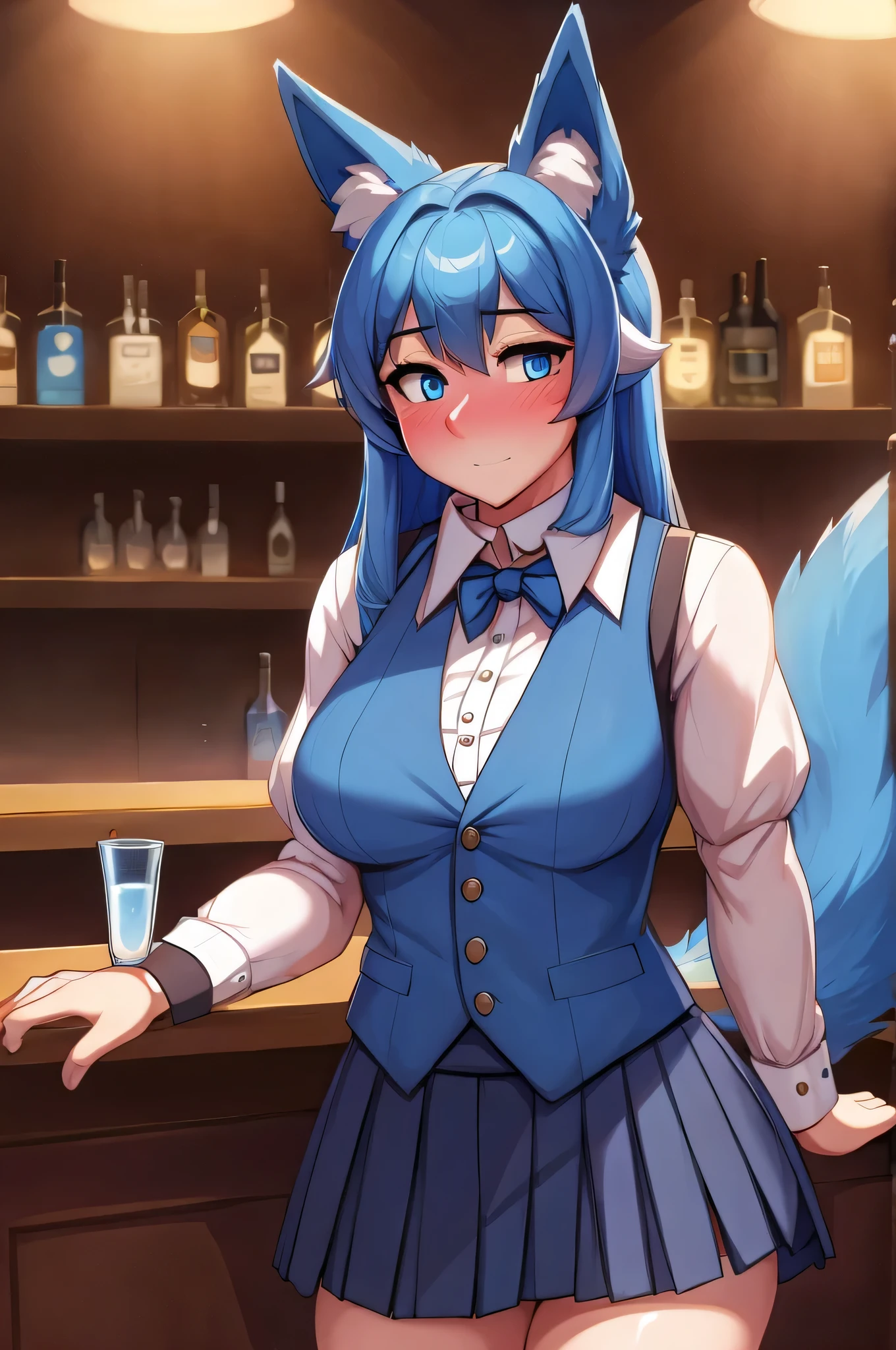 Anime girl in a blue dress and cat ears standing in front of a bar - SeaArt  AI