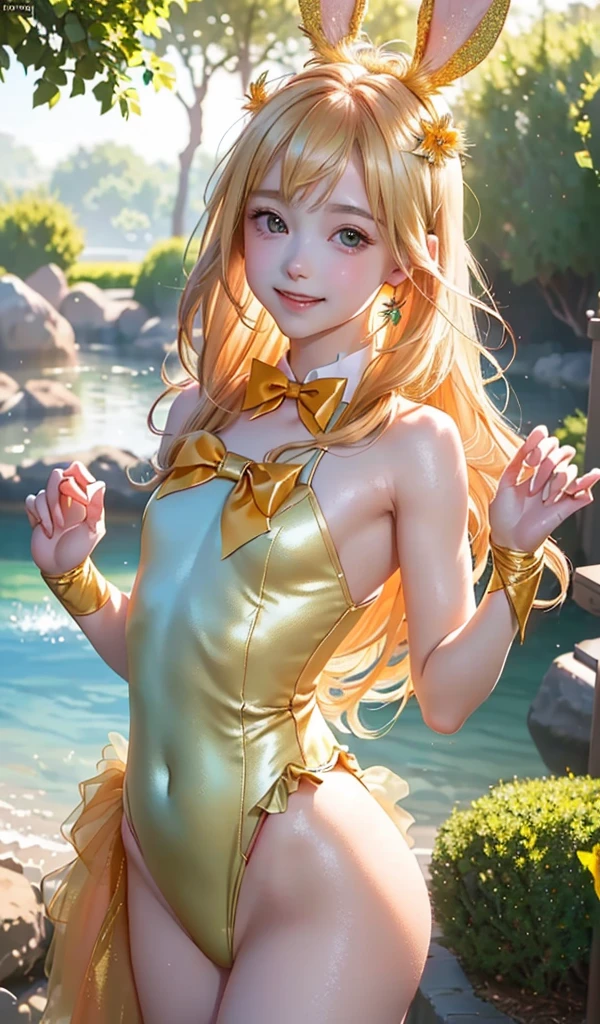 masterpiece, best quality, extremely detailed CG unity 8k wallpaper, (Upper Body head close-up shot of a beautiful little girl), , Elegant Long straight blonde hair, (Mckenna Grace), (flat chest,thighs), (orange-green) golden (Glittering tutu,long Bunny Ear Headgear, , Bow-tie, No panties, genitals visible), (Stand with your hands on your back), (Blush), oil skin, (seductive smile), (Wonderland), pretty face, key art, award winning, intricate detail realism hdr, by (ruan jia and artgerm and range murata), Photorealism, Hyperrealism, ultra realistic, dramatic light, intense shadows, gorgeous view, depth of field
 
