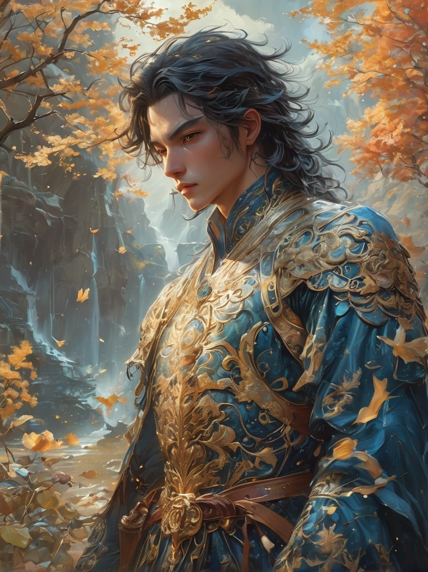 masterpiece，1 male，aldult，Beautiful face，young，advanced，Antique theme，Fairies，Ancient costumes，holding sword，Sunlight，street，Long hair flying，Sunlight，Background style，breeze blowing，Loose robe，fantasy landscape，Starlight around the character，（whole body），(first-person view, pov, UHD, retina, masterpiece, ccurate, anatomically correct, textured skin, super detail, award winning, 8k)
