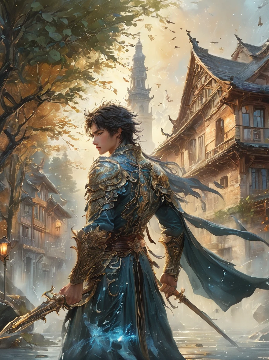 masterpiece，1 male，aldult，Beautiful face，young，advanced，Antique theme，Fairies，Ancient costumes，holding sword，Sunlight，street，Long hair flying，Sunlight，Background style，breeze blowing，Loose robe，fantasy landscape，Starlight around the character，（whole body），(first-person view, pov, UHD, retina, masterpiece, ccurate, anatomically correct, textured skin, super detail, award winning, 8k)
