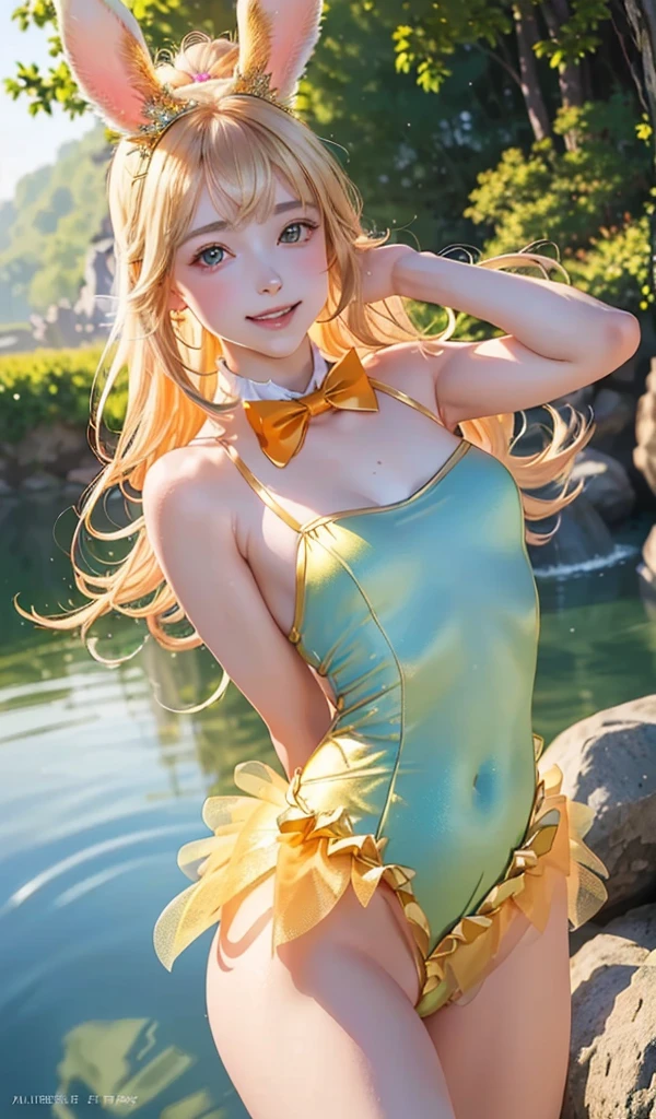 masterpiece, best quality, extremely detailed CG unity 8k wallpaper, (Upper Body head close-up shot of a beautiful little girl), , Elegant Long straight blonde hair, (Mckenna Grace), (flat chest,thighs), (orange-green) golden (Glittering tutu,long Bunny Ear Headgear, , Bow-tie, No panties, genitals visible), (Lean forward), (Blush), oil skin, (seductive smile), (Wonderland), pretty face, key art, award winning, intricate detail realism hdr, by (ruan jia and artgerm and range murata), Photorealism, Hyperrealism, ultra realistic, dramatic light, intense shadows, gorgeous view, depth of field
 
