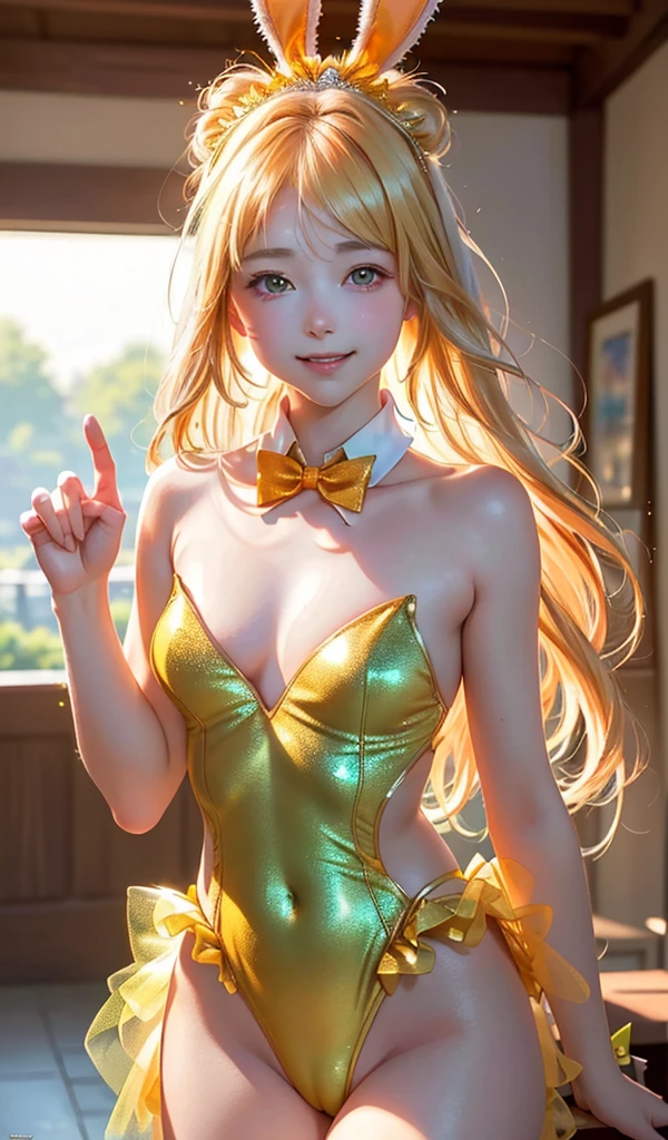 masterpiece, best quality, extremely detailed CG unity 8k wallpaper, (Upper Body head close-up shot of a beautiful little girl), , Elegant Long straight blonde hair, (Mckenna Grace), (flat chest,thighs), (orange-green) golden (Glittering tutu,long Bunny Ear Headgear, , Bow-tie, No panties, genitals visible), (Lean forward), (Blush), oil skin, (seductive smile), (Wonderland), pretty face, key art, award winning, intricate detail realism hdr, by (ruan jia and artgerm and range murata), Photorealism, Hyperrealism, ultra realistic, dramatic light, intense shadows, gorgeous view, depth of field
 
