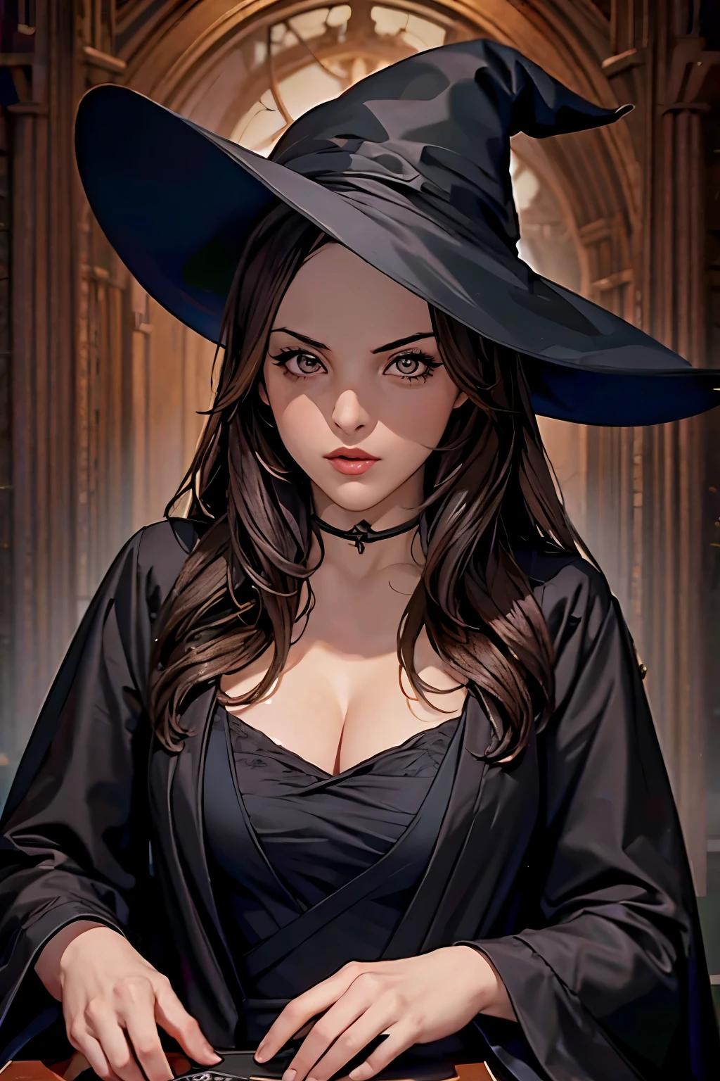 Elizabeth gillies, cabelo castanho escuro, chapéu de bruxa preto, manto preto, meio para cima, olhando para a câmera, (Alta resolução da mais alta qualidade), ((Obra-prima de melhor qualidade:1.2))