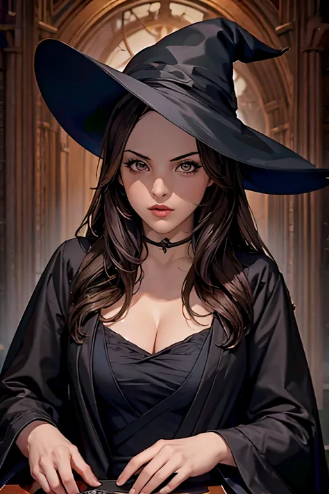 elizabeth gillies, dark brown hair, black witch hat, black robe, half up, Looking at the camera, (High resolution of the highest...