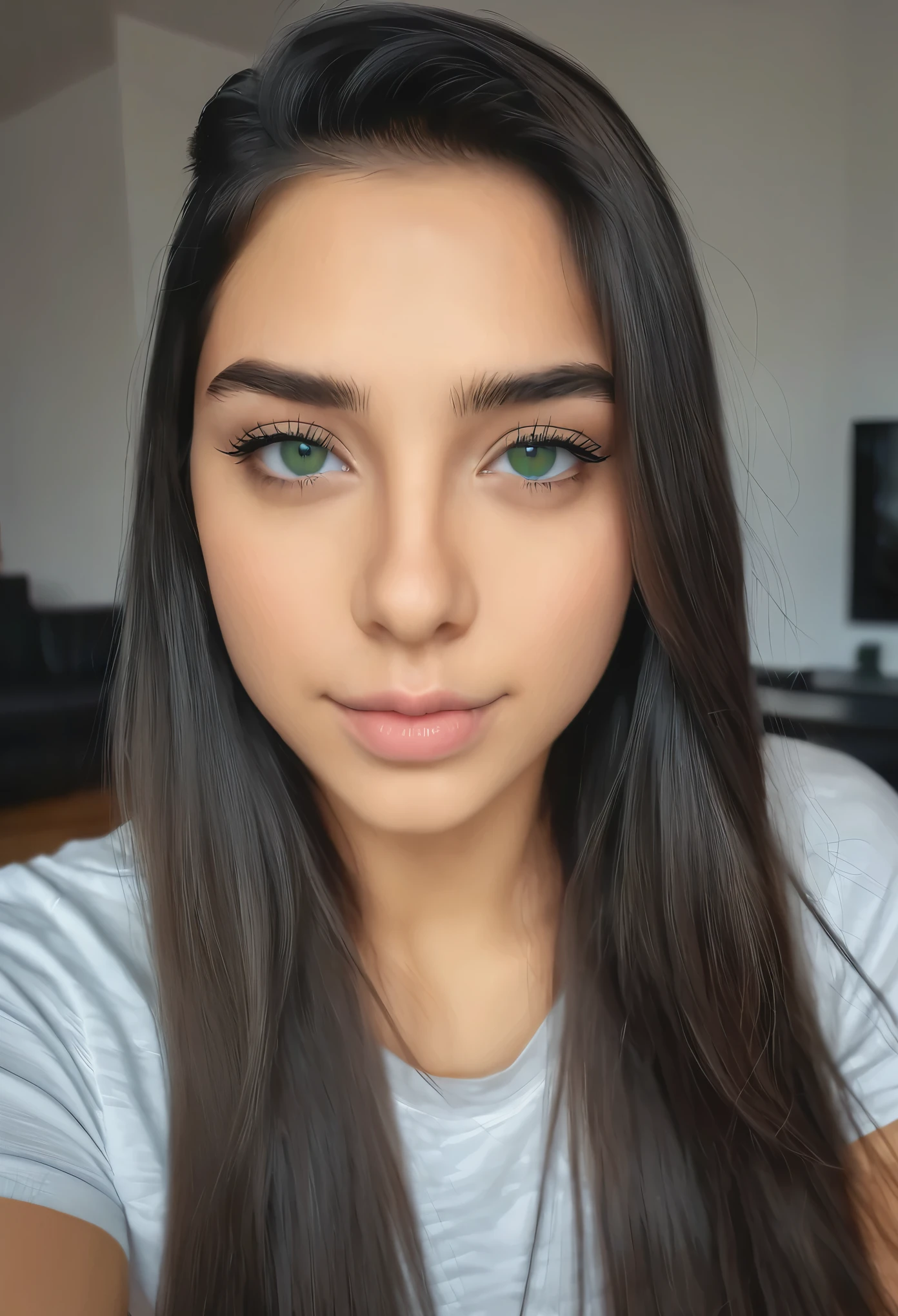 A woman with long hair and green eyes is looking at the camera - SeaArt AI