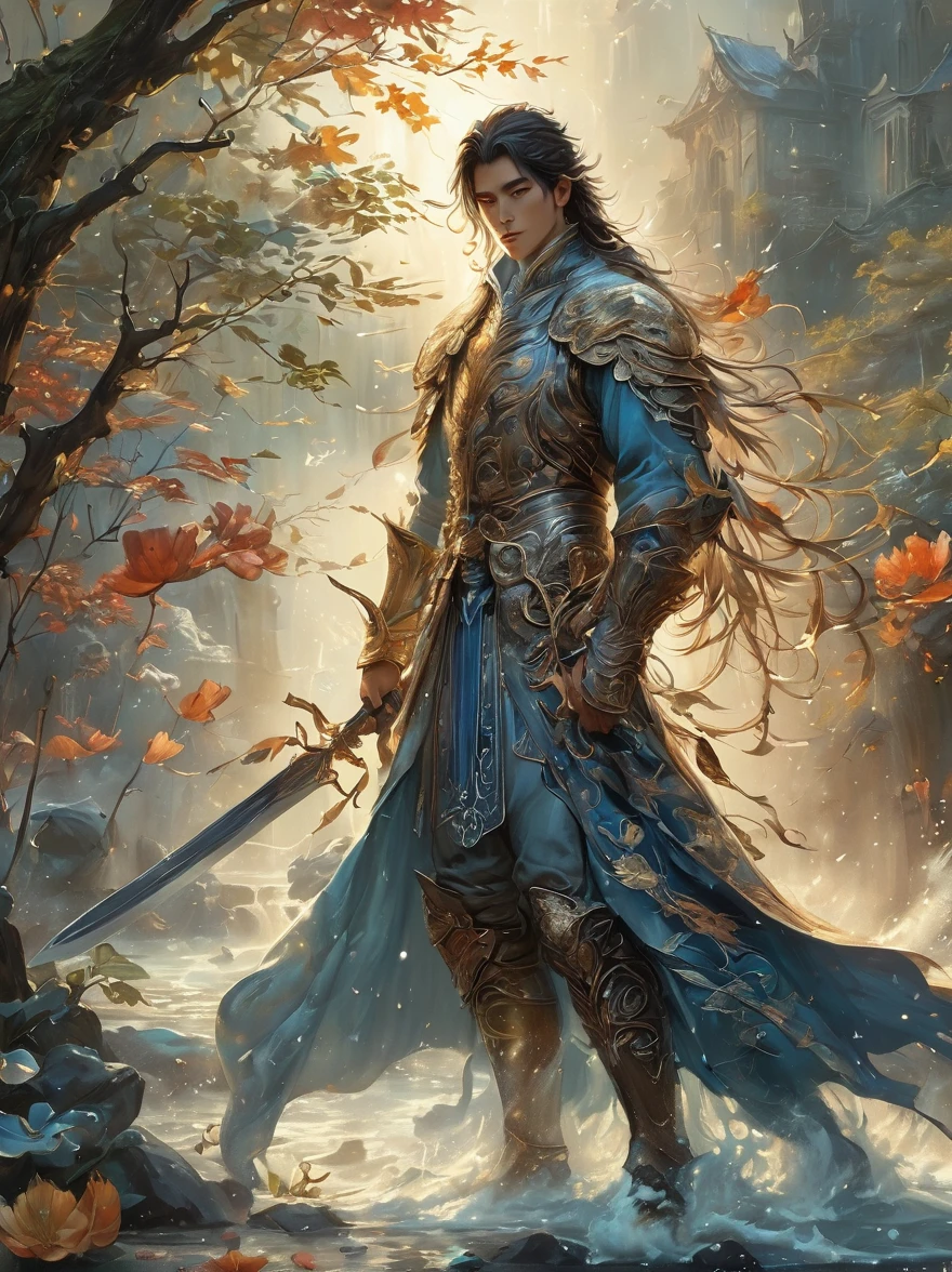 masterpiece，1 male，aldult，Beautiful face，young，advanced，Antique theme，Fairies，Ancient costumes，holding sword，Sunlight，street，Long hair flying，Sunlight，Background style，breeze blowing，Loose robe，fantasy landscape，Starlight around the character，（whole body），(first-person view, pov, UHD, retina, masterpiece, ccurate, anatomically correct, textured skin, super detail, award winning, 8k)
