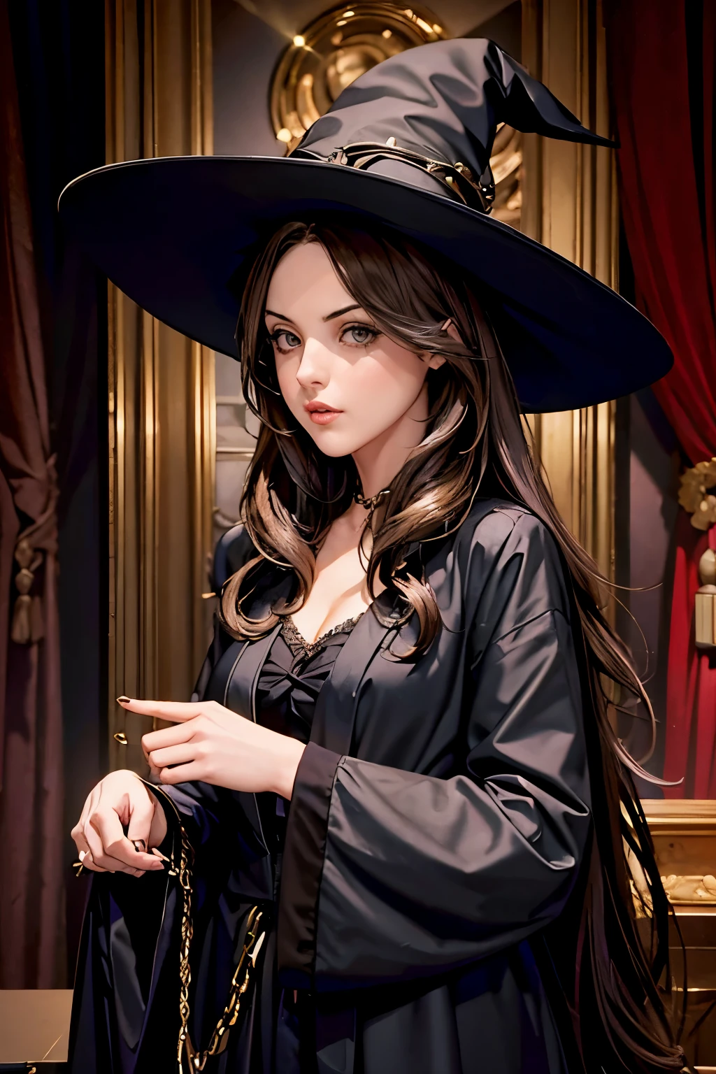 Elizabeth gillies, cabelo castanho escuro, Chapéu de Bruxa Negra, manto preto, detalhes dourados, meio para cima, olhando para o público, (Alta resolução da mais alta qualidade), ((Obra-prima de melhor qualidade:1.2)), fundo da pousada