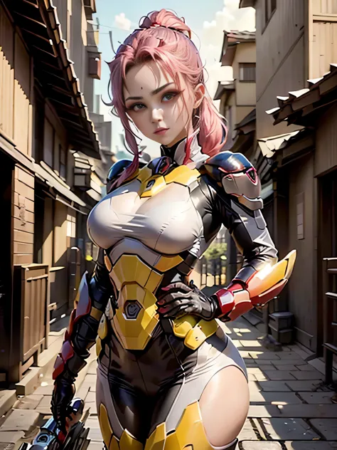 (highest quality、8K、32k、masterpiece、UHD:1.2、perfect body beauty:1.5、Wearing a futuristic hero suit with a pale pink and white sh...